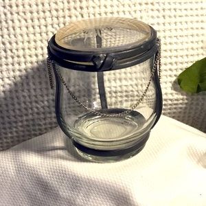 Vintage Double Glass Floral Etched Lid Metal Caged Chain Hinged Condiment Jar